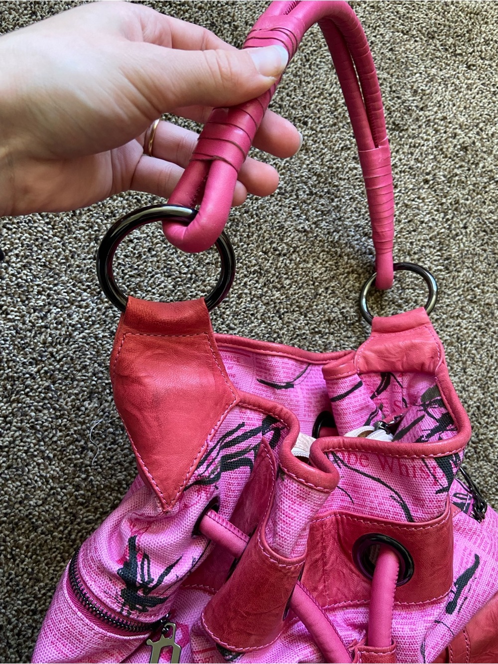 Vintage John Galliano Pink Newspaper Print Leather/Canvas Shoulder Slouchy Bag - Picture 15 of 15